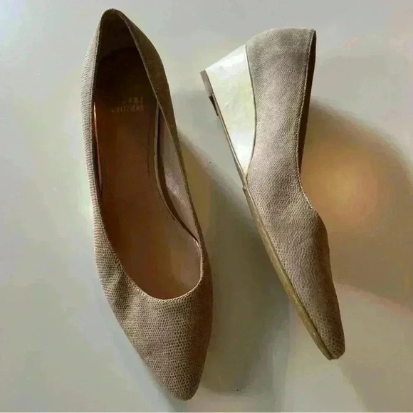 Stuart Weitzman Wedge Heel Dress Flat, Cream Textured Leather with Pearled Heel - Picture 1 of 11
